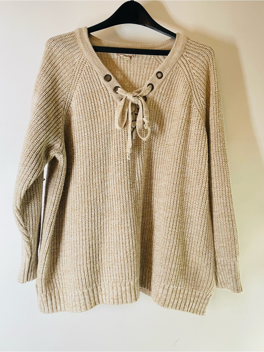 It's Our Time Lace-Up V-Neck Knit Pullover - Beige